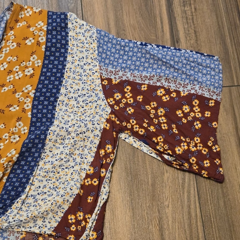 Polly & Esther Blue and Mustard Mixed Floral Tie-Front Blouse - Picture 6 of 10